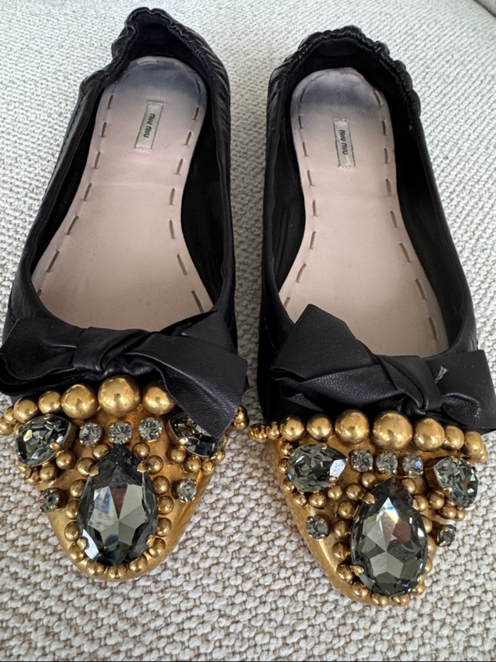 Miu Miu Black Embellished Pointed Toe Flats with Gold Bead & Crystal Detail